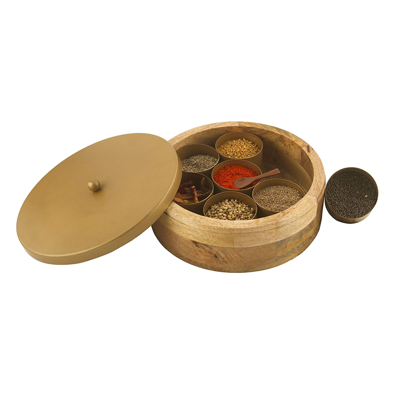 Ortus Arts® Mango Wood Spice Share Box with Iron container and lid with brass Plating for Tabletop/Masala Dabba Spice Rack Holders/Container Wooden Masala Box for Kitchen Masala Dani