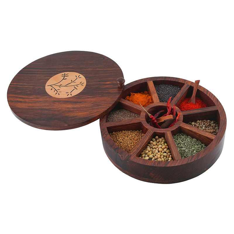 Ortus Arts® Sheesham Wood Spice Box with Floral Burnt Design (9 Partitions) - Masala Dabba Spice Rack Holders/Container Wooden Masala Box for Kitchen Masala Dani"MADE IN INDIA"