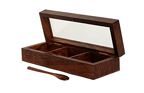 Freakway Sheesham Wood (Set of 3 Non Detachable Containers, 75 ML) - Wooden Spice Box Storage Containers Saunf Box Mukhas Container Condiment Set